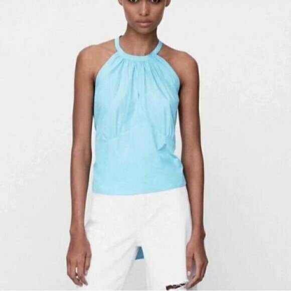 Zara Halter Top Powder Blue Tie-Back Bow Panel Fitted Sleeveless Keyhole Blouse - Picture 3 of 13